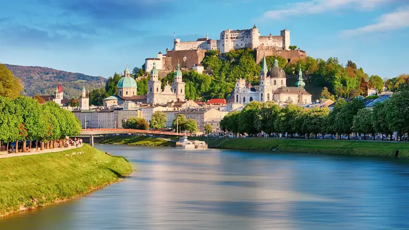 Hohensalzburg Fortress above Salzburg’s old town churches and the Salzach